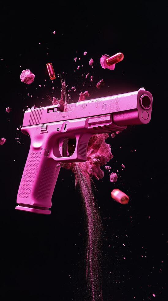 Pink explosion from a gun creating vibrant splashes in a dark setting photo