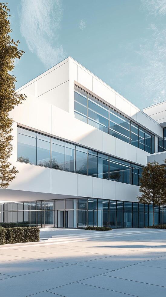 Modern commercial building with large glass windows in a bright morning setting photo