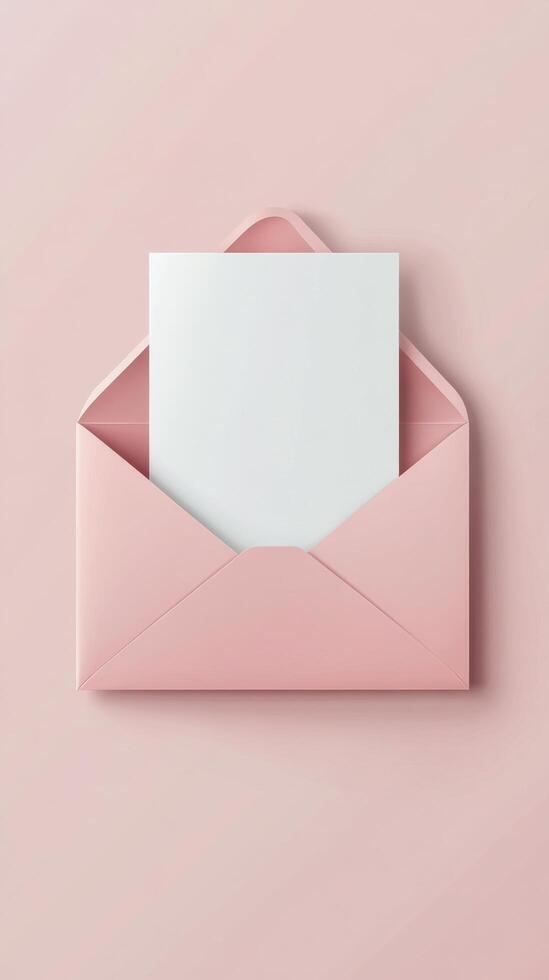 Soft pink envelope with blank card surrounded by decorative pink petals on a pastel surface photo
