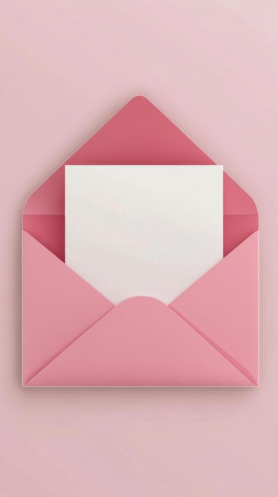 Soft pink envelope with blank card surrounded by decorative pink petals on a pastel surface photo