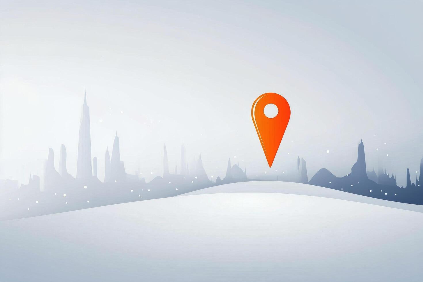 Location pin symbol on a snowy landscape with distant city skyline in winter setting photo
