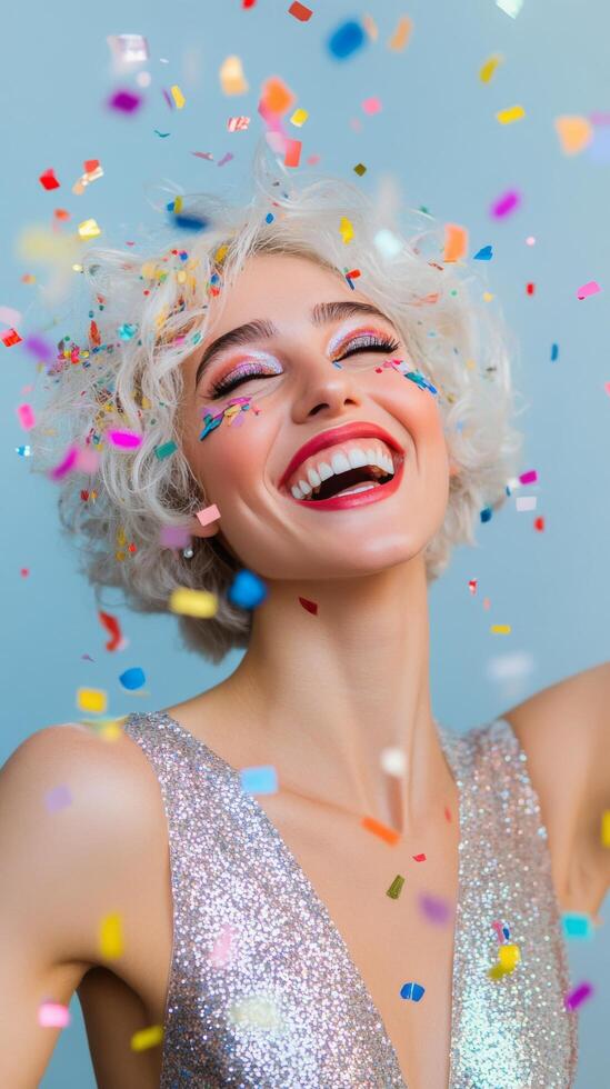 Joyful celebration with colorful confetti and bright smiles in a festive atmosphere photo