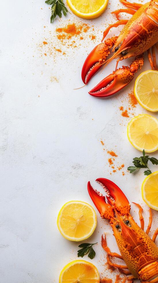 Fresh lobster with lemon slices and parsley on a bright kitchen counter photo