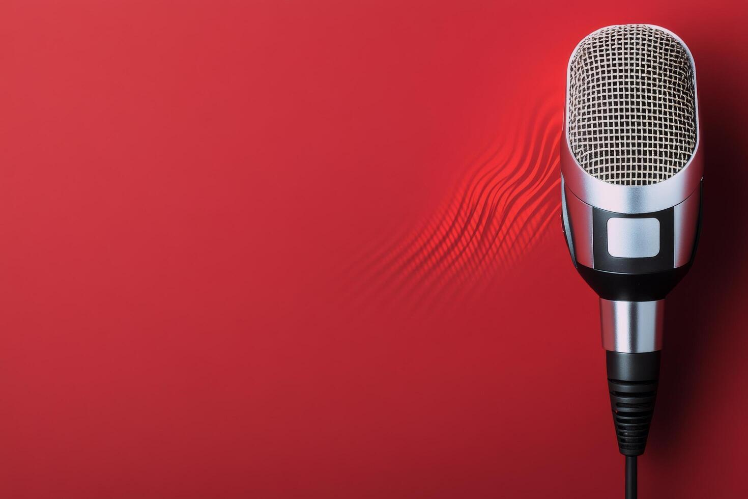 Classic microphone stands ready for performance on a vibrant red background photo