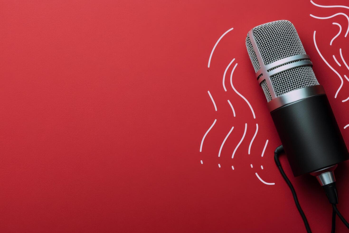 Classic microphone stands ready for performance on a vibrant red background photo