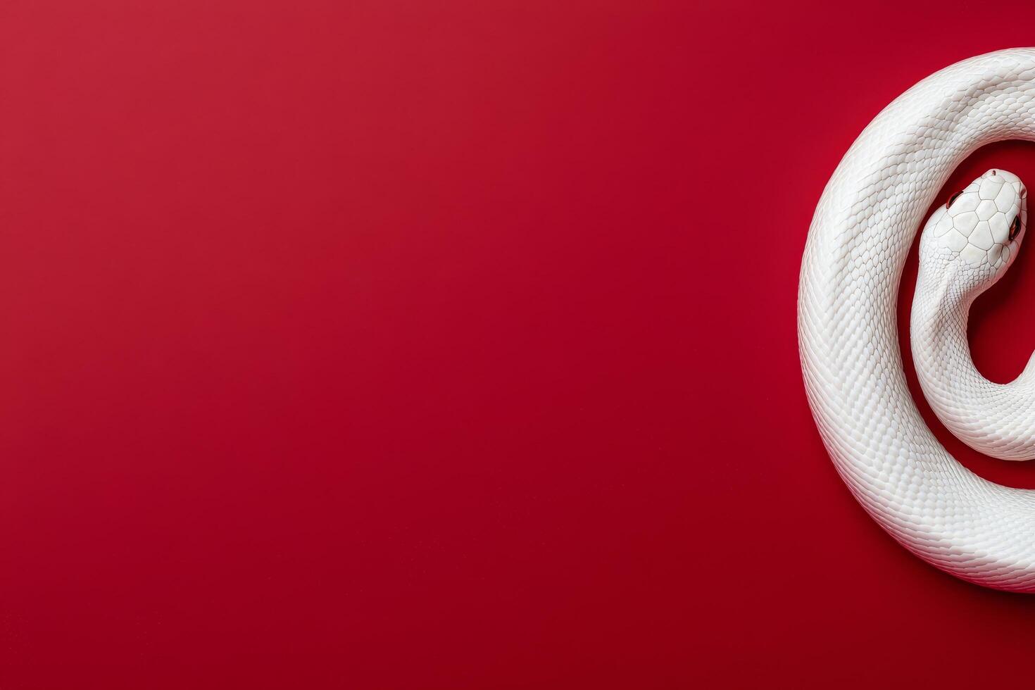 White snake curled on vibrant red background in a minimalist setting photo