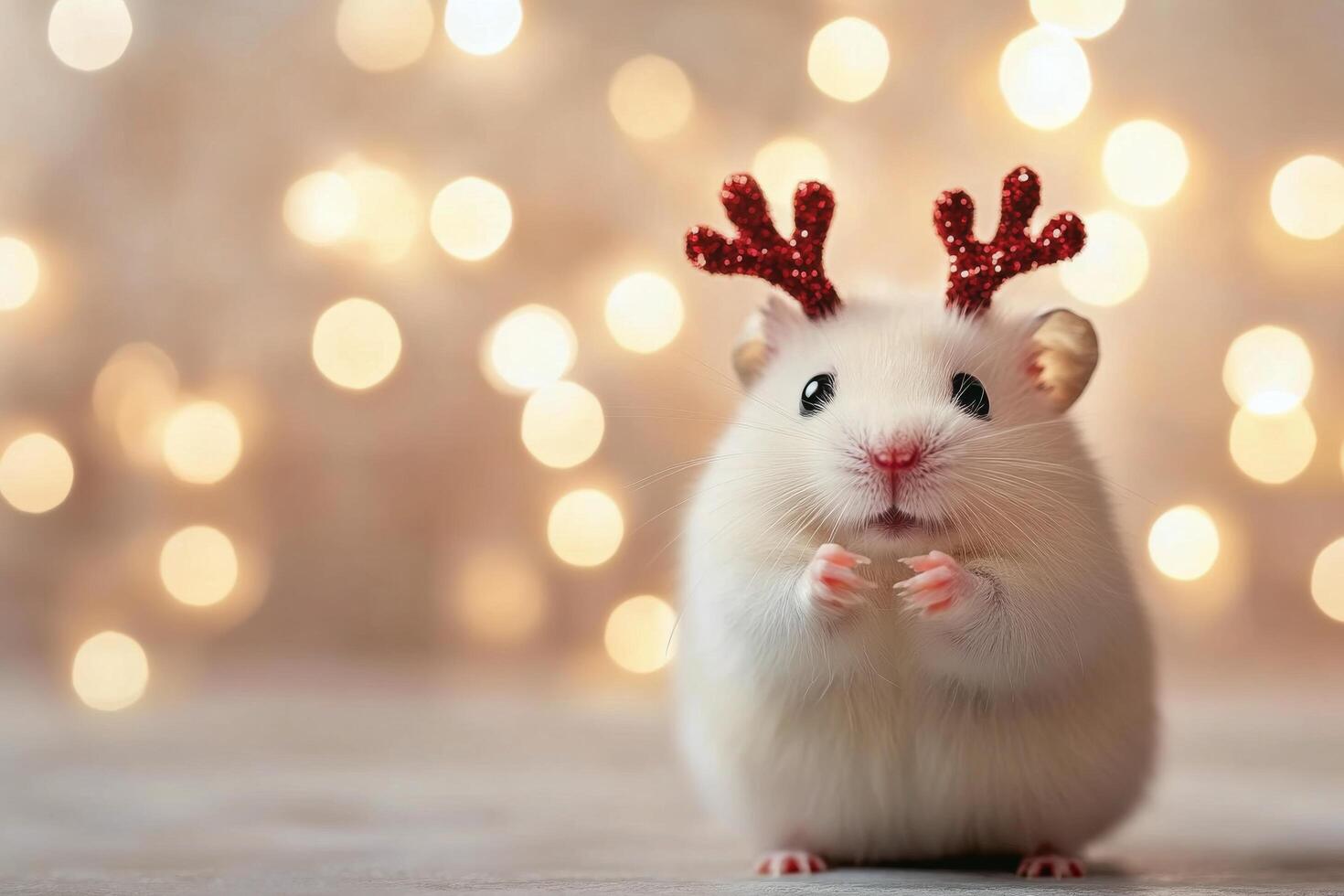 Cute white hamster wearing antlers in front of festive lights during winter season photo