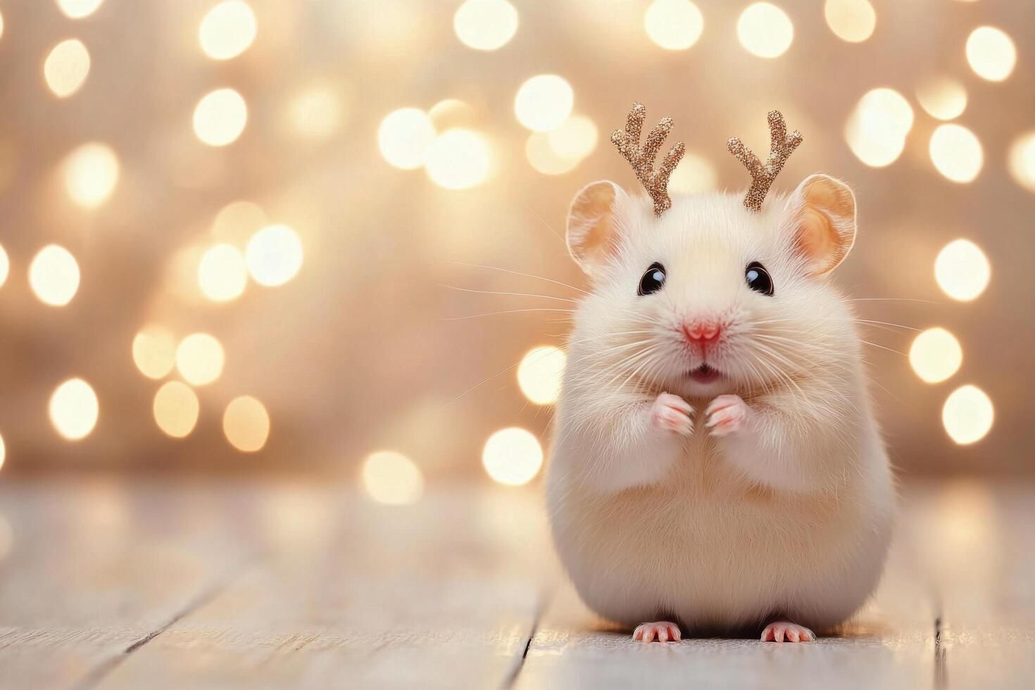 Cute white hamster wearing antlers in front of festive lights during winter season photo