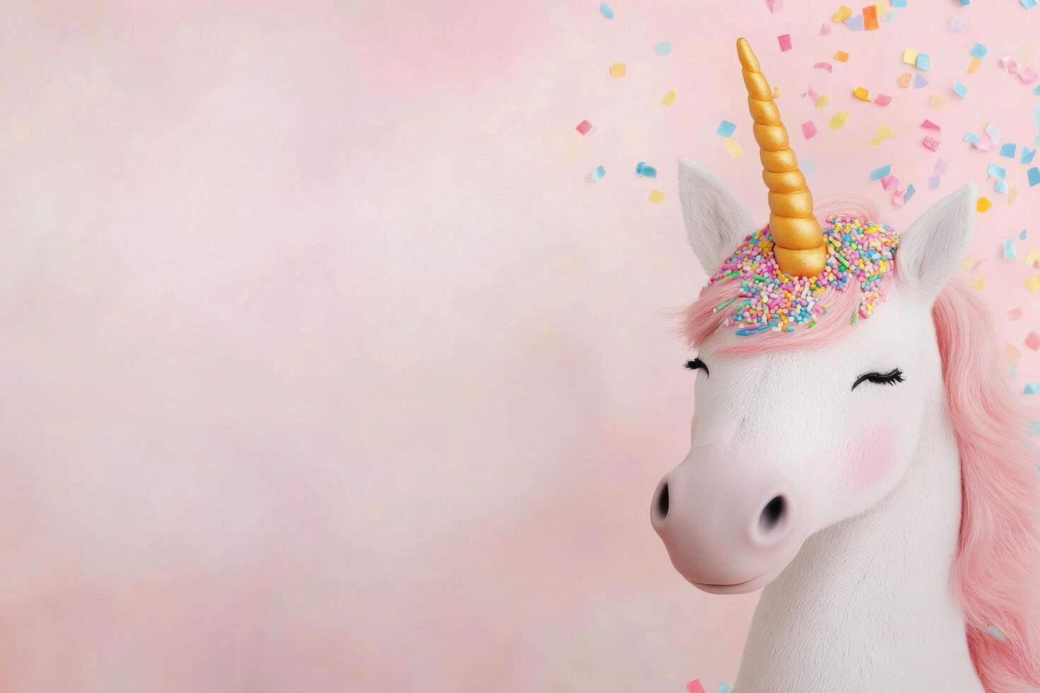 Magical unicorn stands proudly against a pastel backdrop with colorful confetti falling photo