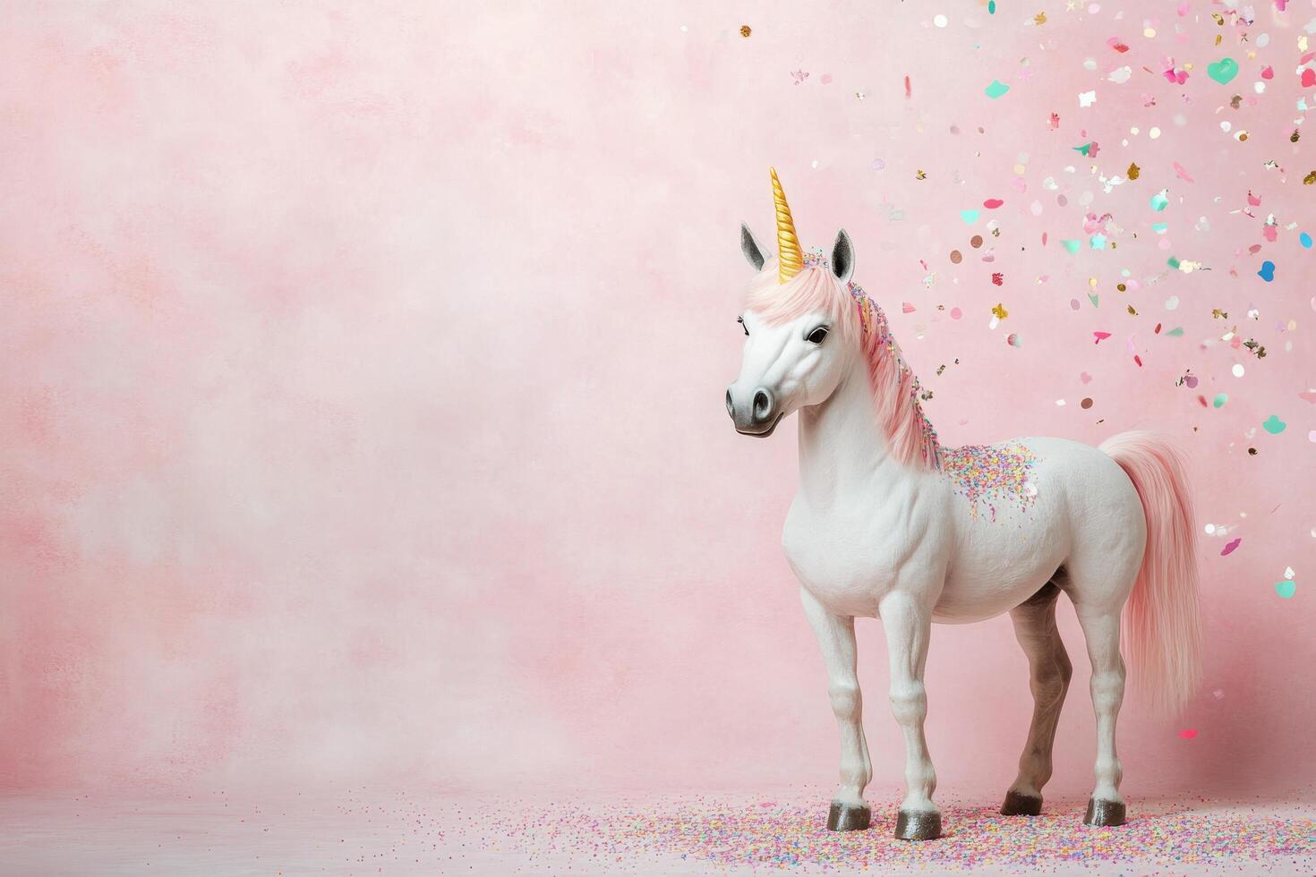 Magical unicorn stands proudly against a pastel backdrop with colorful confetti falling photo