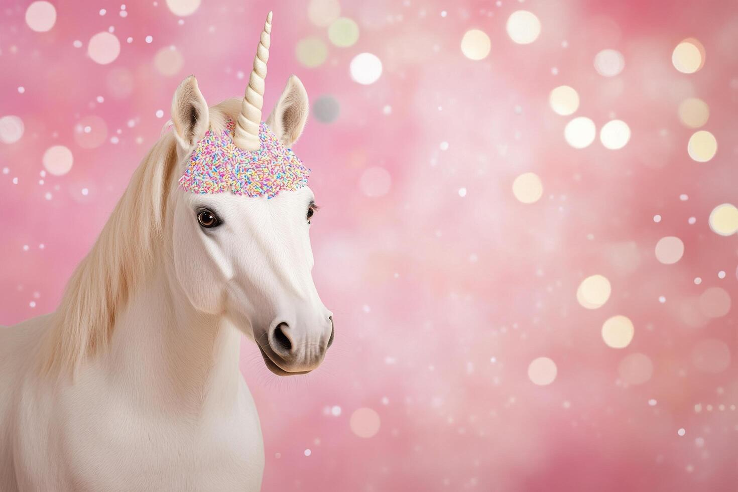 Magical unicorn stands proudly against a pastel backdrop with colorful confetti falling photo