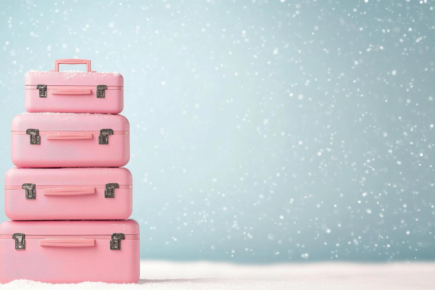 Colorful pink suitcases stacked on snow during a gentle snowfall in a winter landscape photo