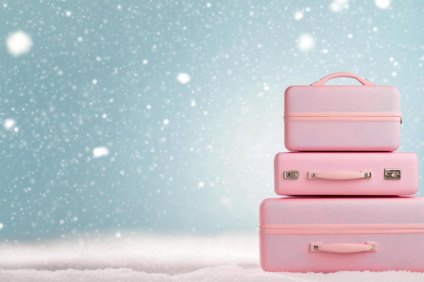 Colorful pink suitcases stacked on snow during a gentle snowfall in a winter landscape photo