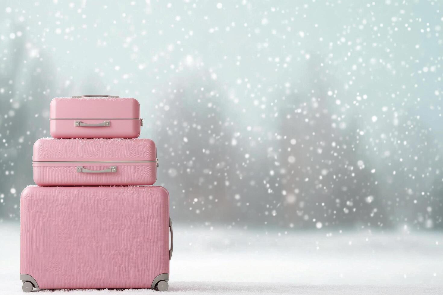 Colorful pink suitcases stacked on snow during a gentle snowfall in a winter landscape photo