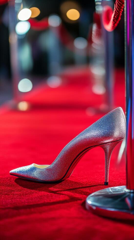 Silver high heel shoe on red carpet amidst sparkling lights at an event photo