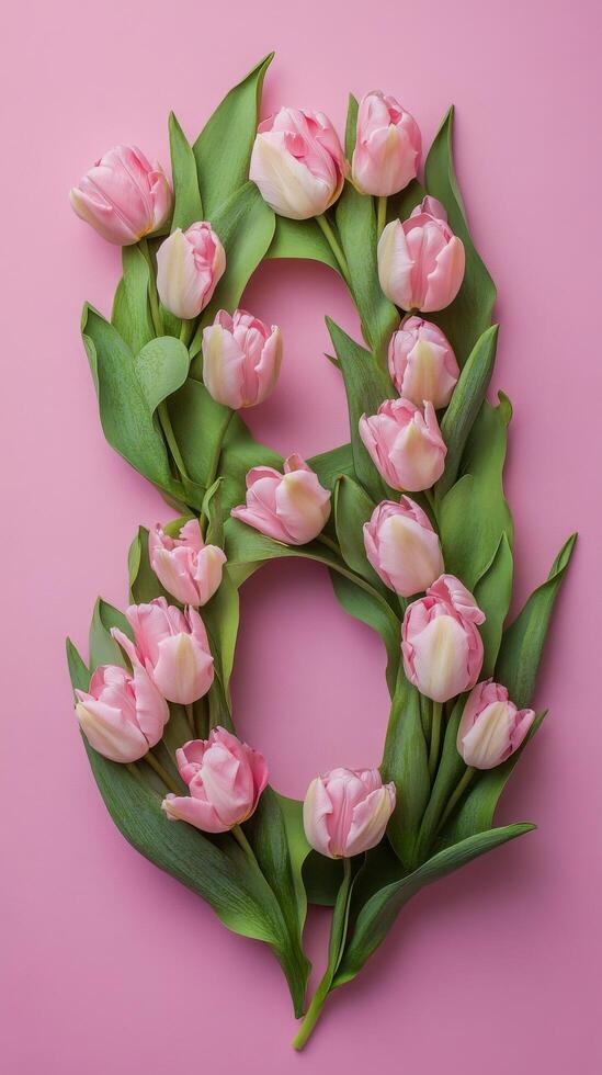 Floral arrangement of pink tulips shaped like the number eight on a pastel background photo