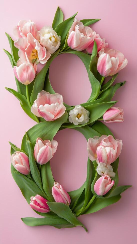 Floral arrangement of pink tulips shaped like the number eight on a pastel background photo
