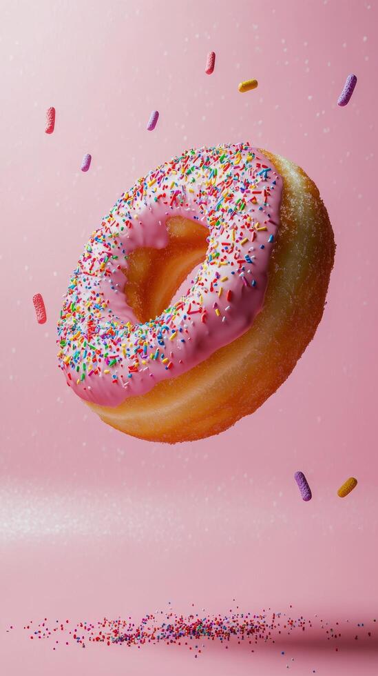 Delicious donut with sprinkles flying above colorful candy decorations photo