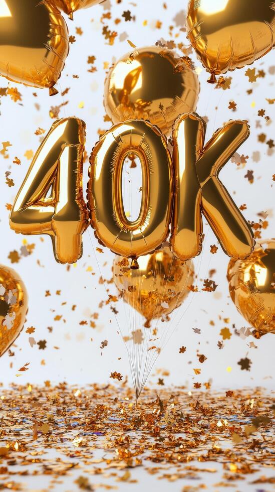 Golden 40K balloons with colorful confetti on a white background for the celebration photo