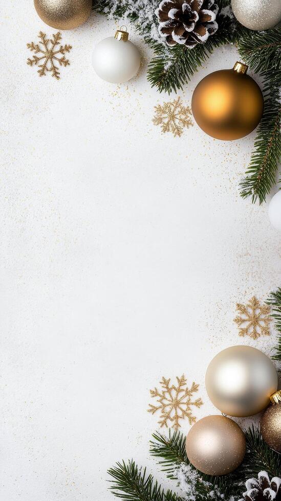 Festive decorations with gold and silver ornaments on a light winter background photo