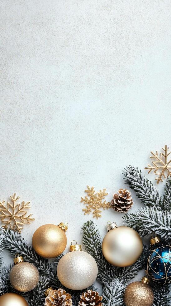 Festive decorations with gold and silver ornaments on a light winter background photo