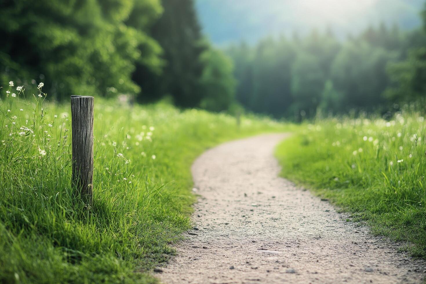 Winding gravel path through lush green fields and blooming wildflowers in a serene landscape photo