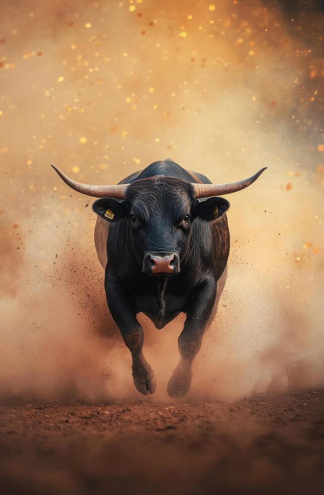 Black bull running through dusty landscape at sunset in rural area photo