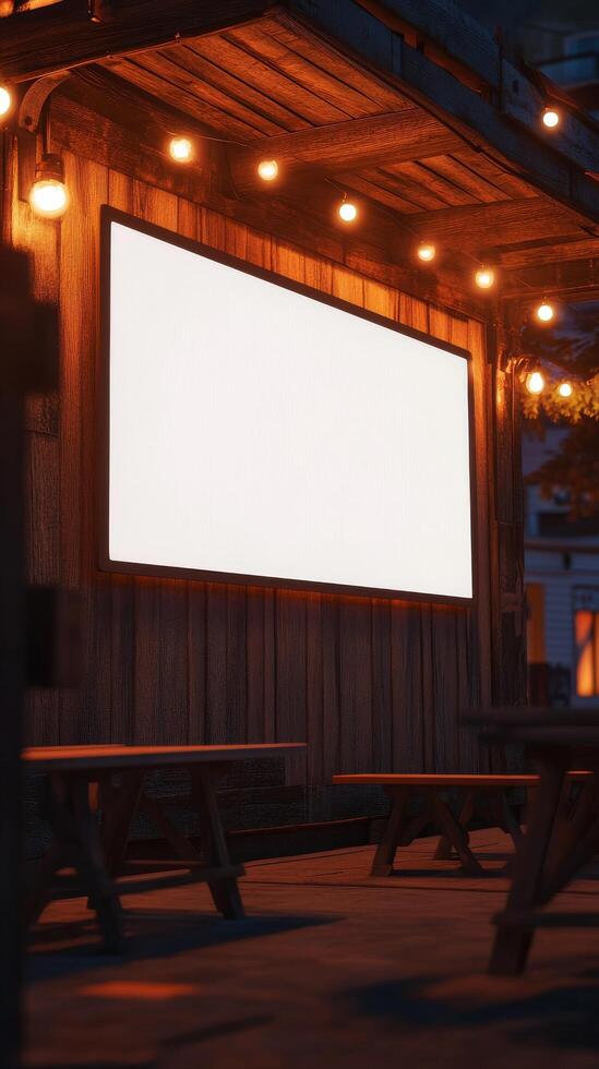 Outdoor venue with blank screen and warm lighting near city street at night photo