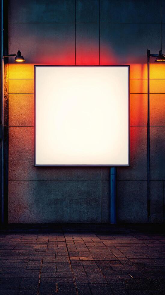 Outdoor venue with blank screen and warm lighting near city street at night photo