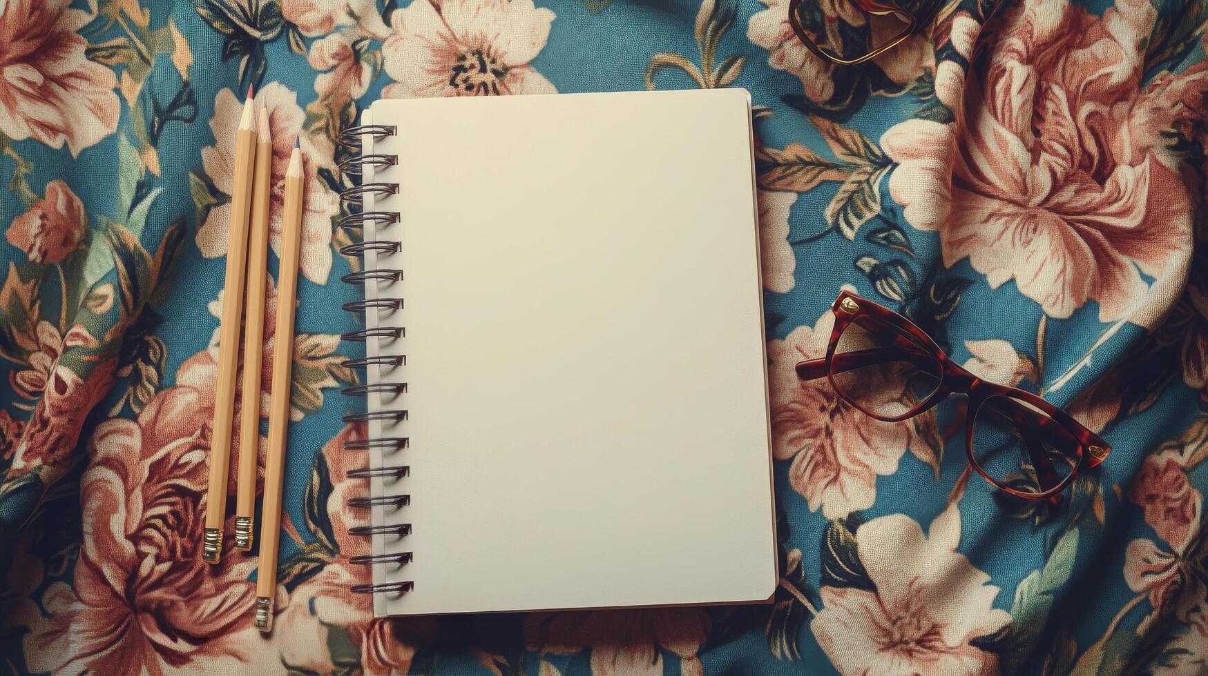 Blank sketchbook and colored pencils on floral patterned tablecloth in a creative workspace photo