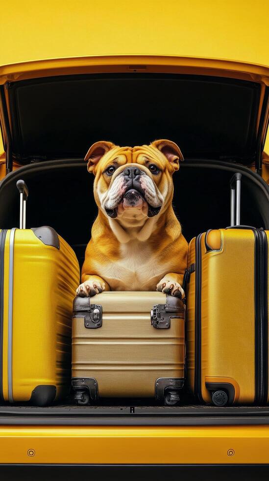 Dog sits between yellow suitcases in car ready for adventure in sunny location photo