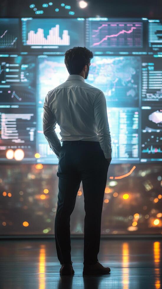 Professional analyzing data on multiple screens in modern office at night photo