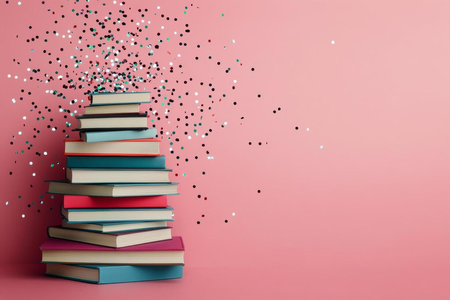 Colorful stack of books against a pink background with confetti falling photo