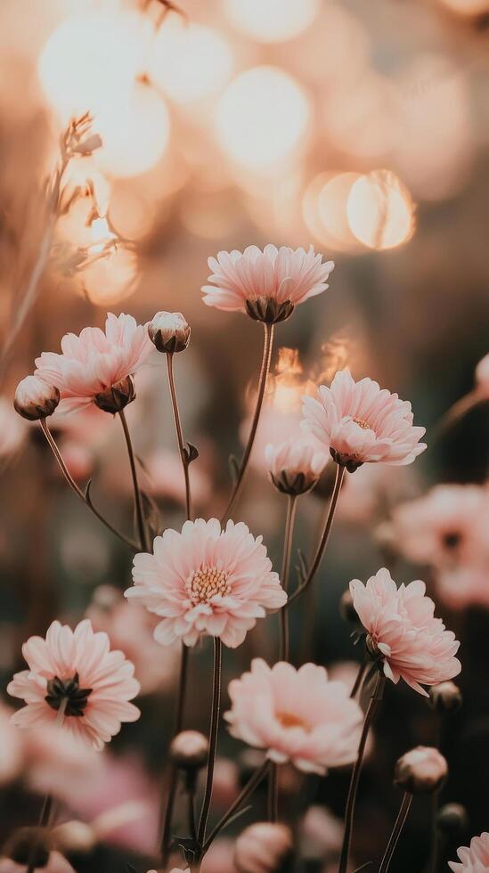 Delicate pink flowers bloom in serene garden during golden hour photo