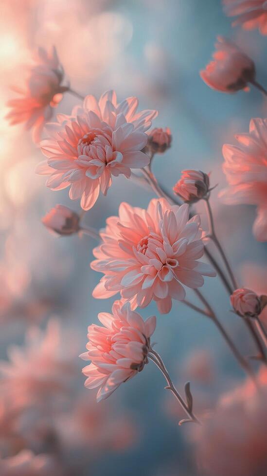 Delicate pink flowers bloom in serene garden during golden hour photo