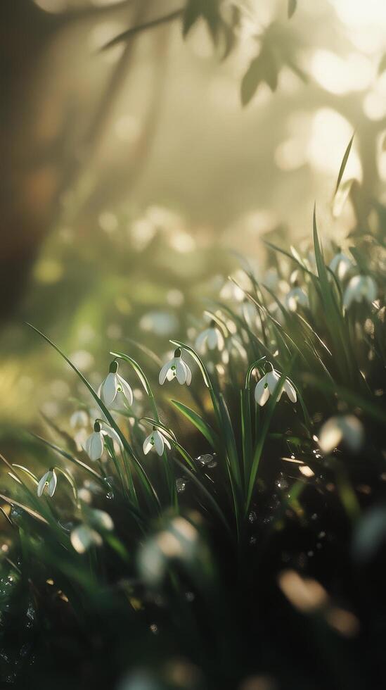 Delicate snowdrops bloom amidst glistening dew in a serene garden setting photo