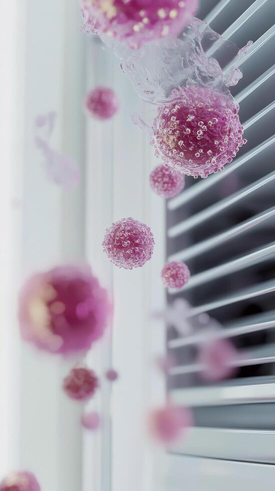 Bacteria and virus particles floating in the air near a window with blinds during daylight photo
