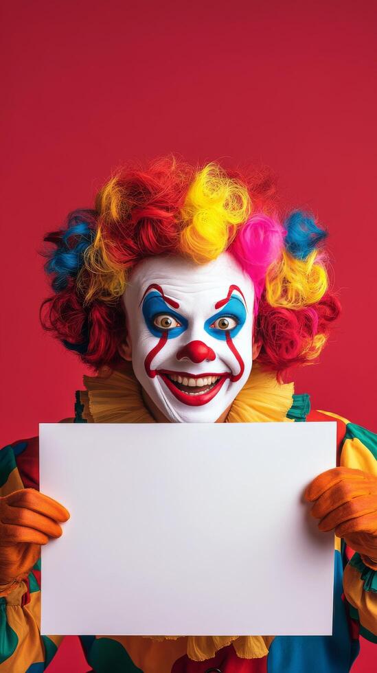 Colorful clown with vibrant wig holds sign in front of bright pink background photo