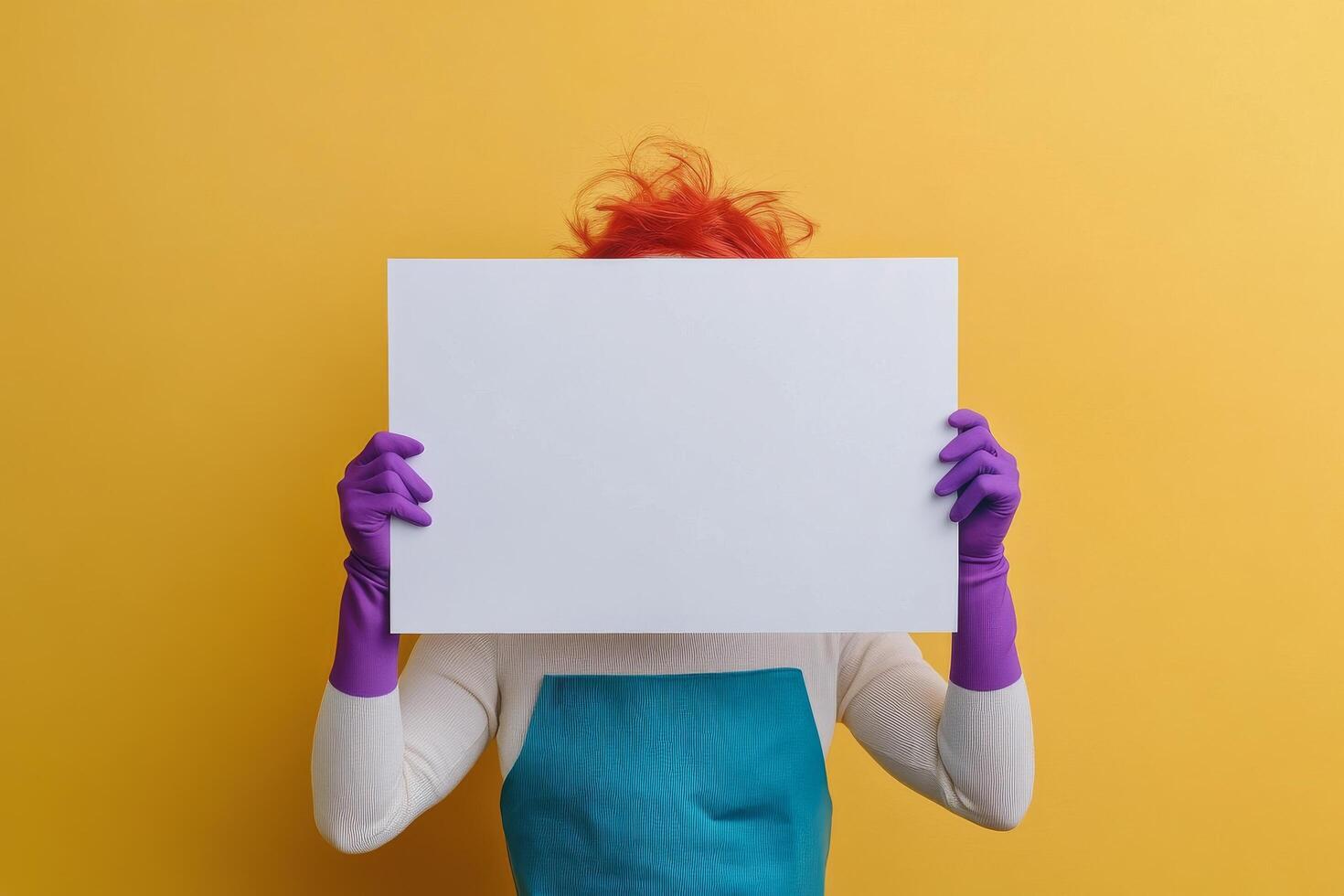 Brightly colored character showing a smile on a blank sign against a blue background photo