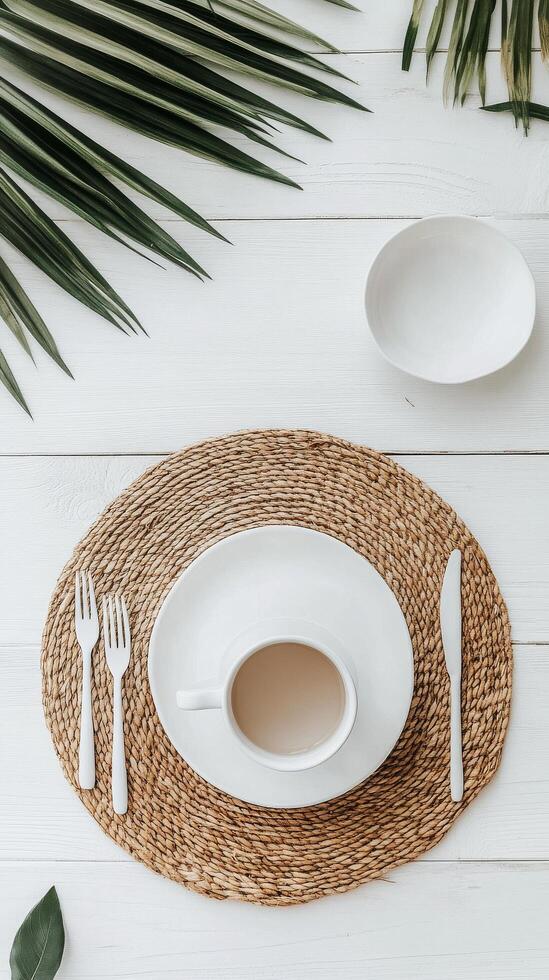 Elegant breakfast table setting with white dishware and natural elements photo