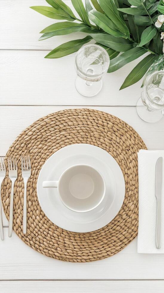 Elegant breakfast table setting with white dishware and natural elements photo