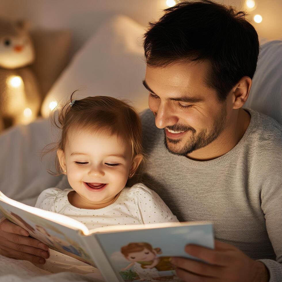 Father reading a book to his baby in a cozy setting during a quiet evening photo