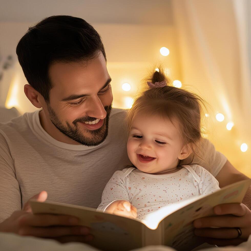 Father reading a book to his baby in a cozy setting during a quiet evening photo