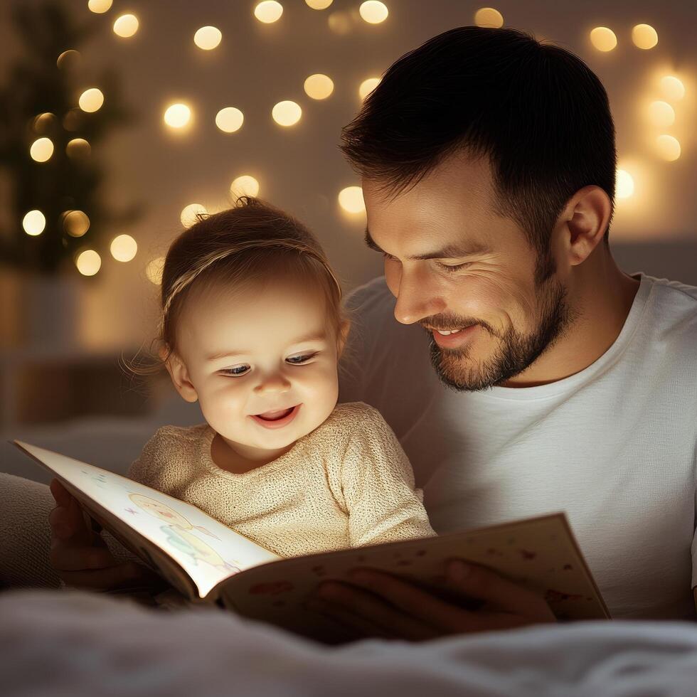 Father reading a book to his baby in a cozy setting during a quiet evening photo