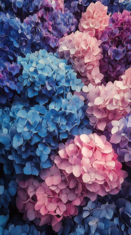 Vibrant hydrangea flowers bloom in a garden with shades of blue and pink during springtime photo