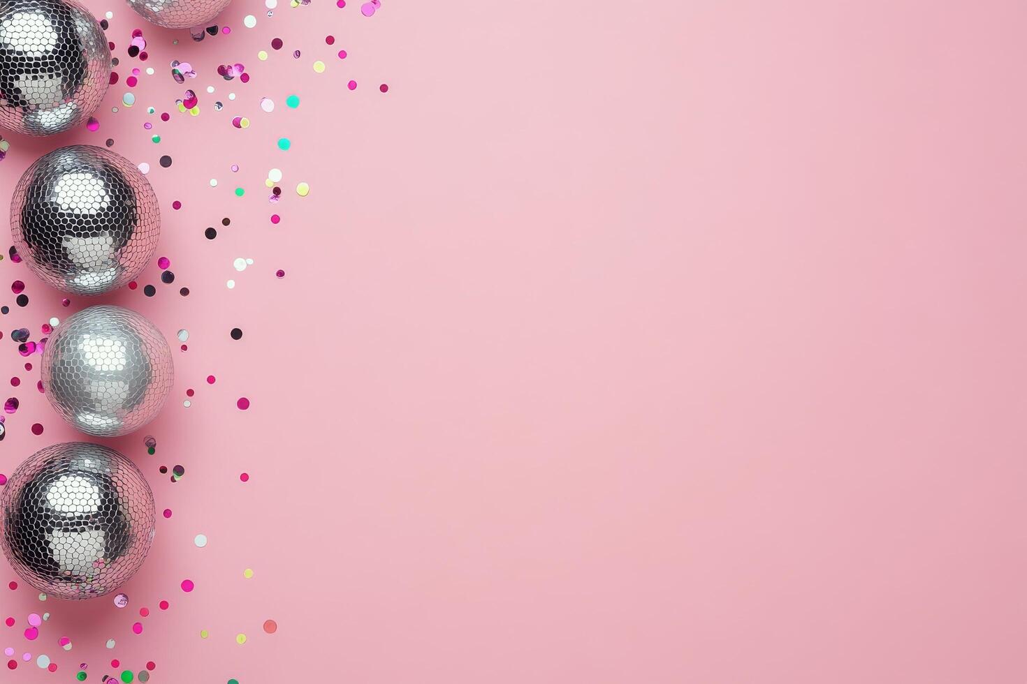 Shimmering disco balls glisten on a pink surface with confetti scattered around photo