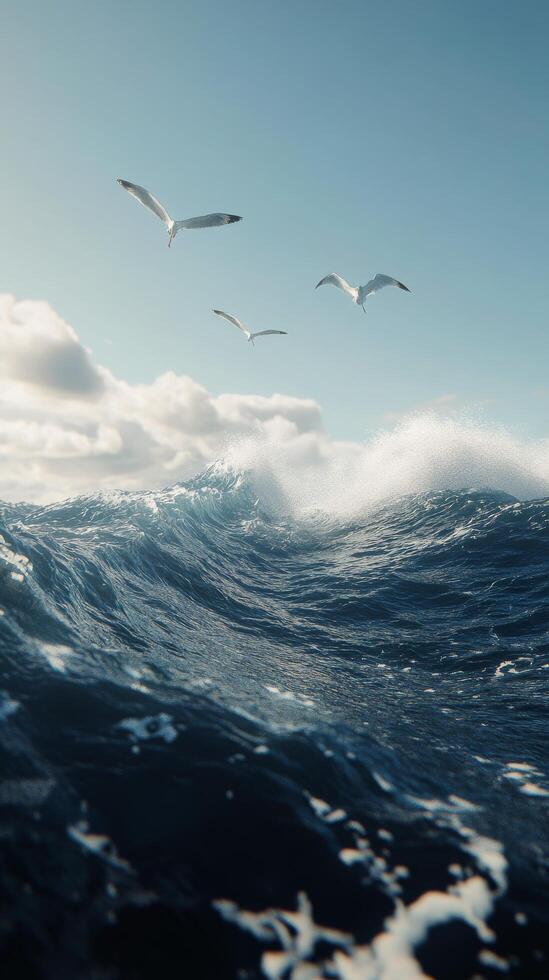 Seagulls soaring above crashing waves at a stormy seaside photo