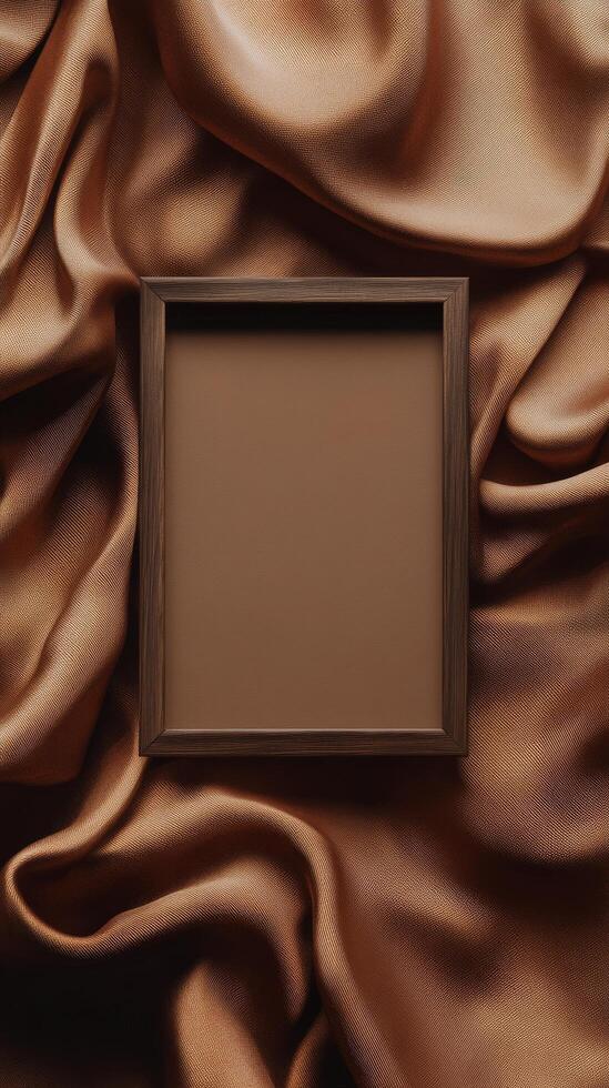 Unique wooden frame on a backdrop of flowing brown fabric in an artistic setting photo