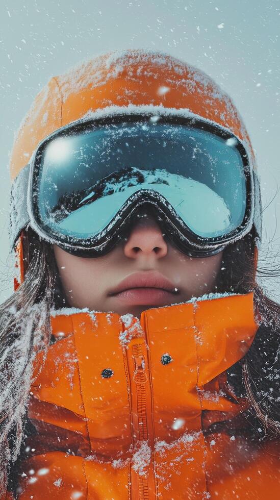 Snowy mountain adventure with skier in bright orange jacket and goggles during winter photo