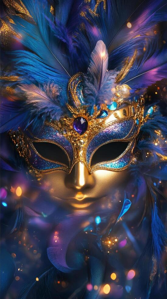 Elegant masquerade mask adorned with feathers and jewels in vivid blue tones photo